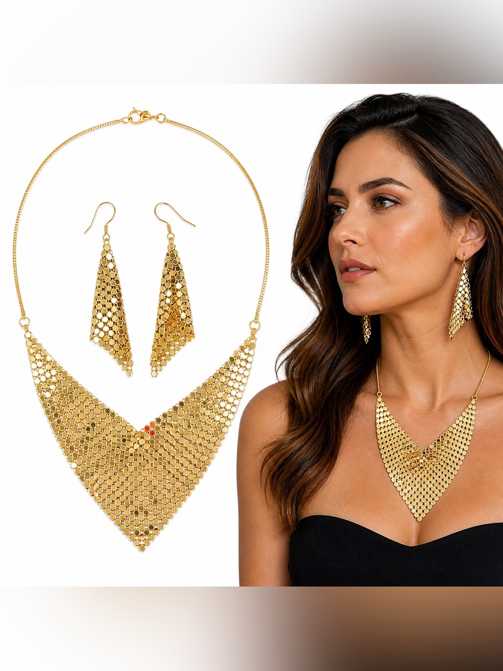3pc chainmail mesh bib necklace & earrings set
